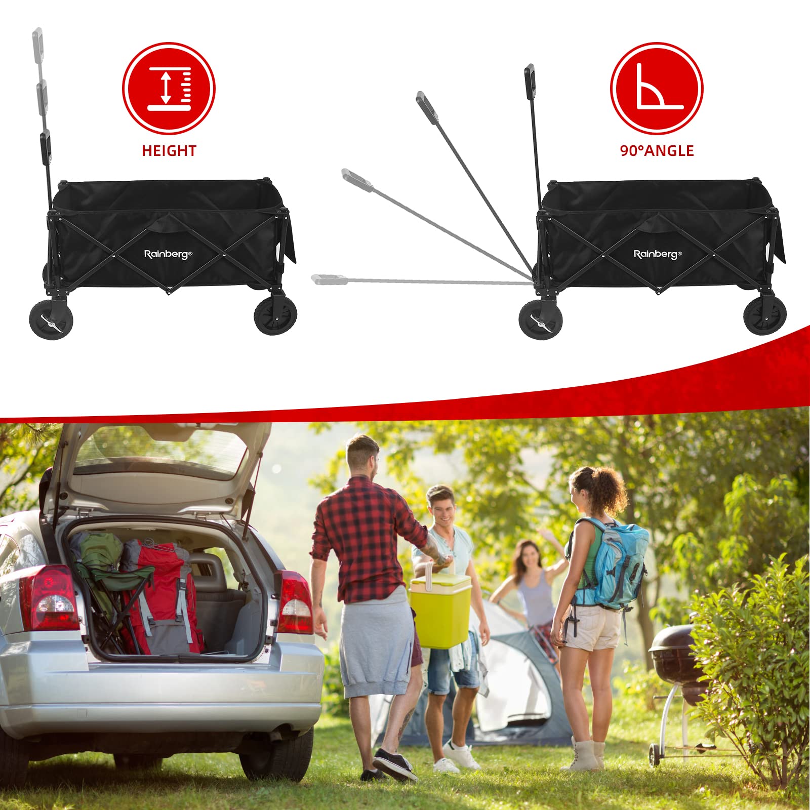 Rainberg Folding Trolley Cart - 120KG Capacity Wagon with Table Top, Adjustable Handle & Cover Bag - Black for Camping Picnic Shopping - Damaged Box