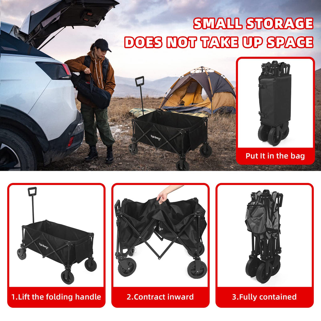 Rainberg Folding Trolley Cart - 120KG Capacity Wagon with Table Top, Adjustable Handle & Cover Bag - Black for Camping Picnic Shopping - Damaged Box