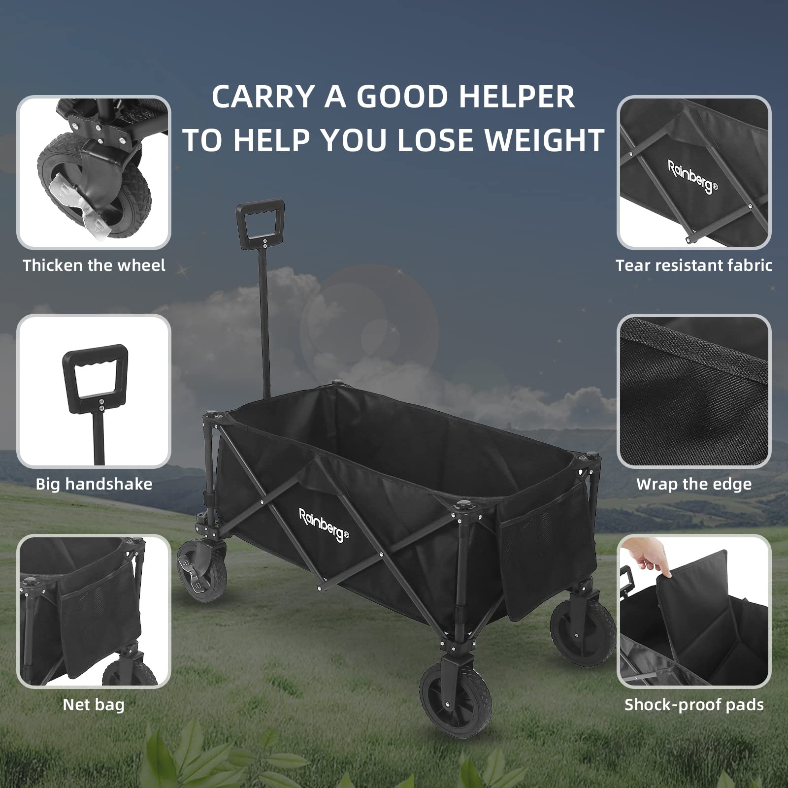 Rainberg Folding Trolley Cart - 120KG Capacity Wagon with Table Top, Adjustable Handle & Cover Bag - Black for Camping Picnic Shopping - Damaged Box