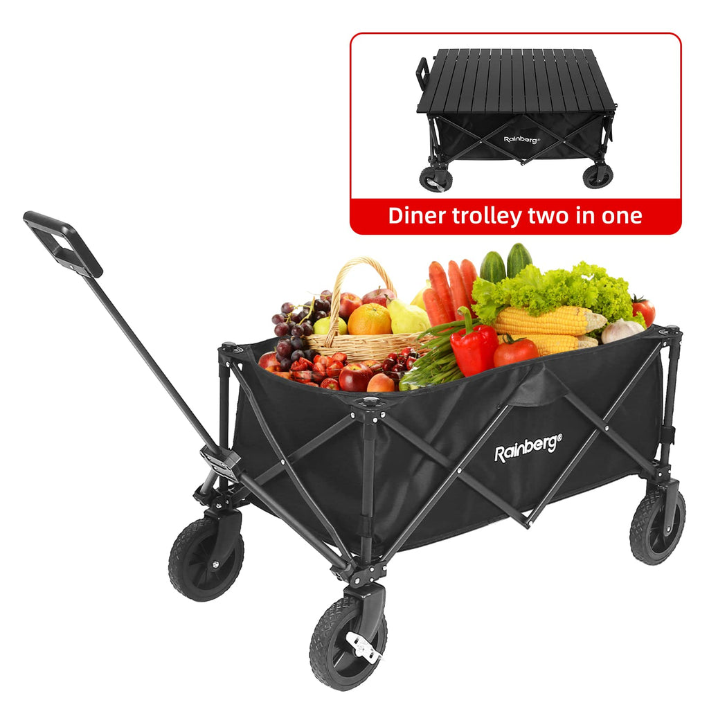 Rainberg Folding Trolley Cart - 120KG Capacity Wagon with Table Top, Adjustable Handle & Cover Bag - Black for Camping Picnic Shopping - Damaged Box