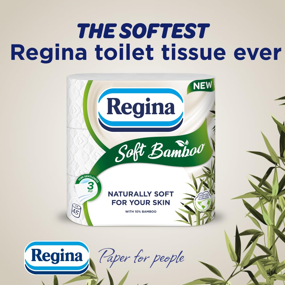 Regina Soft Bamboo Toilet Tissue - 45 Rolls - 3-Ply - Bulk Pack - Bathroom Loo Roll - New