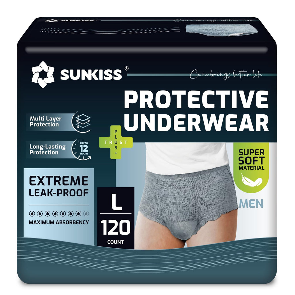 SUNKISS Incontinence Pants for Men, Comfortable, Grey, L, 120 Count(4x30) - Damaged Box