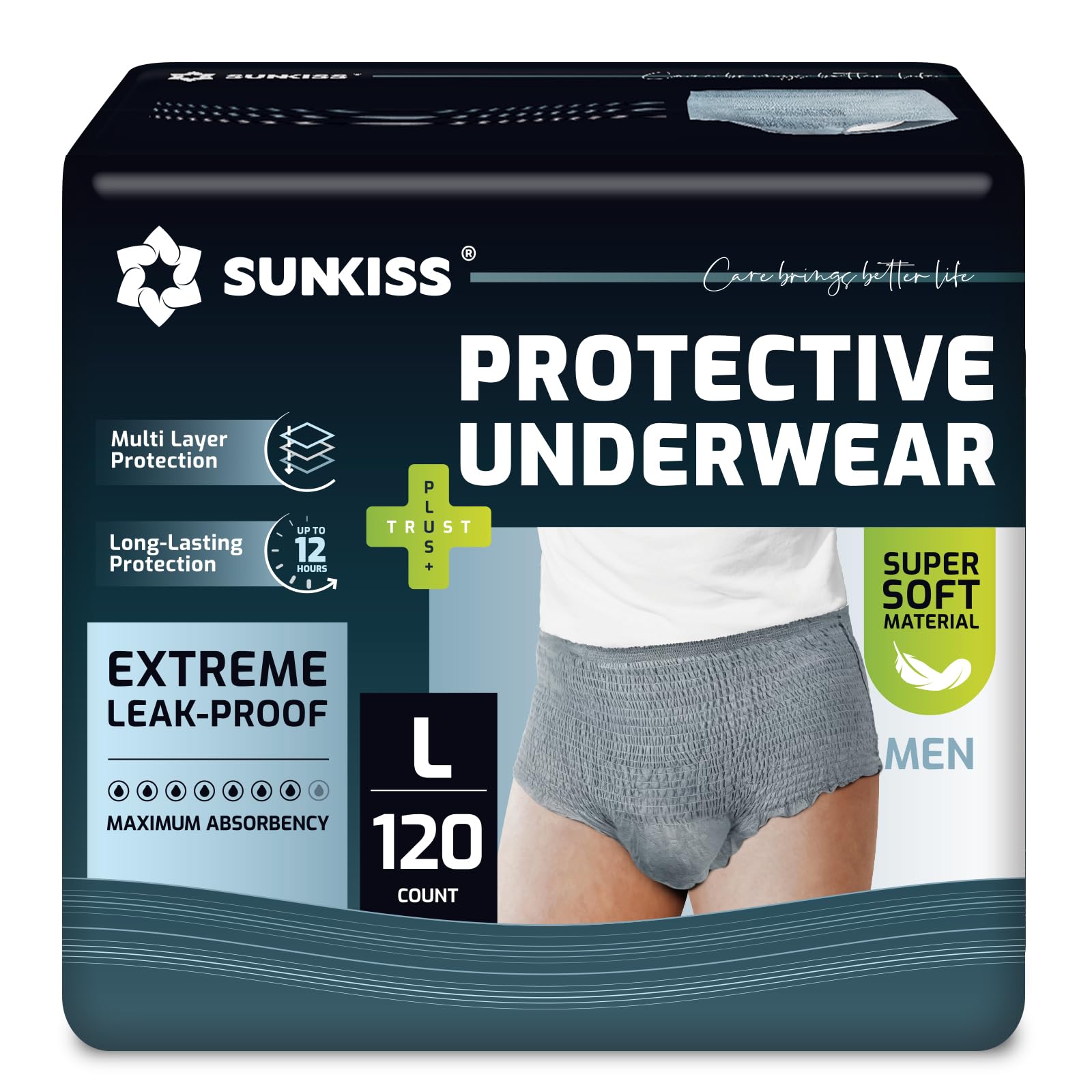 SUNKISS Incontinence Pants for Men, Comfortable, Grey, L, 120 Count(4x30) - Damaged Box