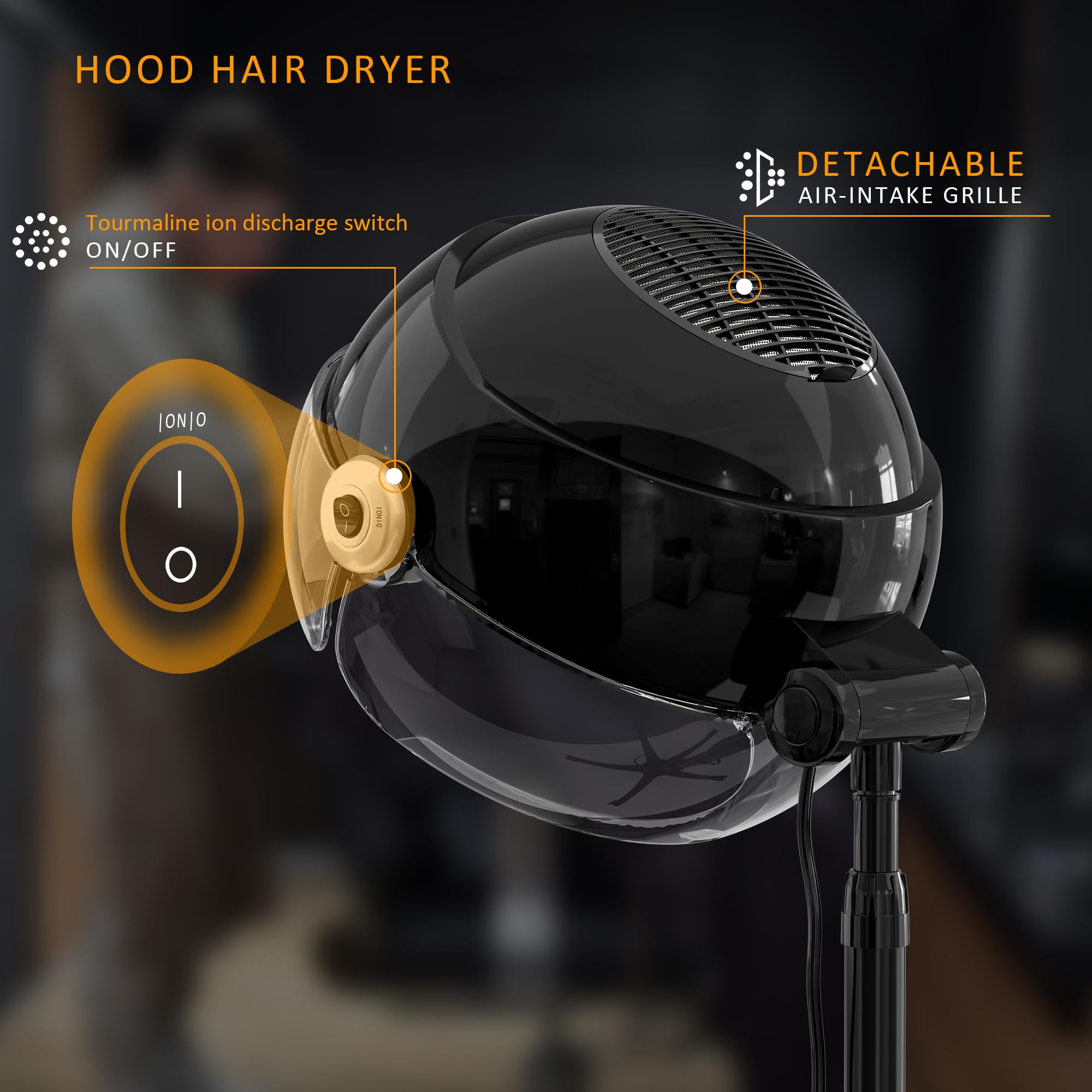 Hooded Dryer, Colliford Standing Hair Dryer, Hairdryer for Afro Hair, Professional Hood Dryer for Home & Salon, Heat Cap for Deep Conditioning, Ionic Hood Hair Dryer (Black) - Very Good
