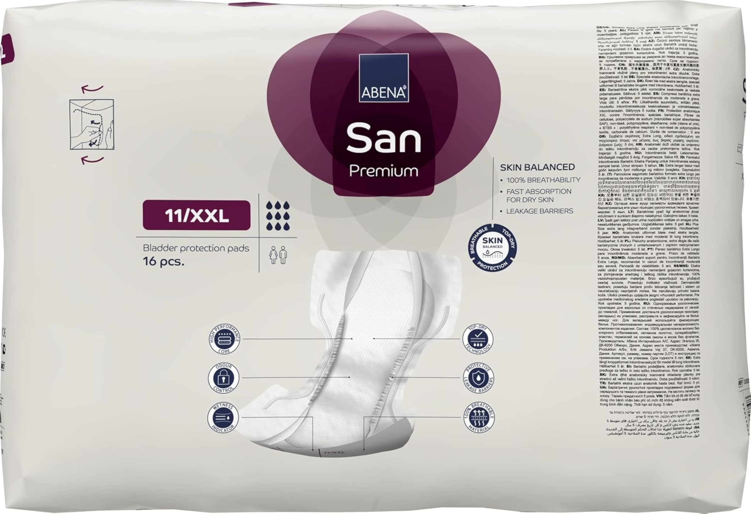 ABENA San Premium Air Plus Incontinence Pads - Shaped XL2 Size 11 - Breathable 16 Pack for Men & Women - Damaged Box