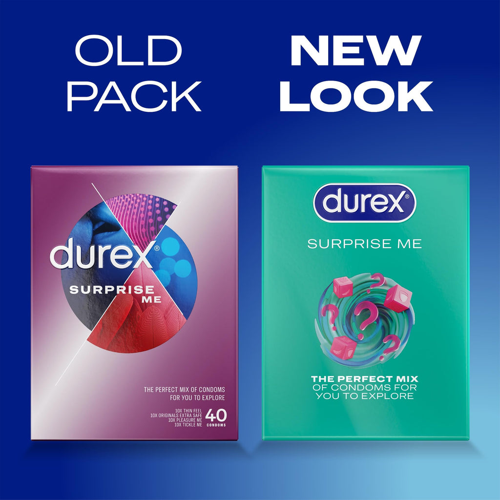 Durex Surprise Me Variety Pack Condoms - 40 Count - Thin Feel, Extra Safe, Pleasure Me, Tickle Me - Ribbed & Dotted Bulk Pack - Damaged Box