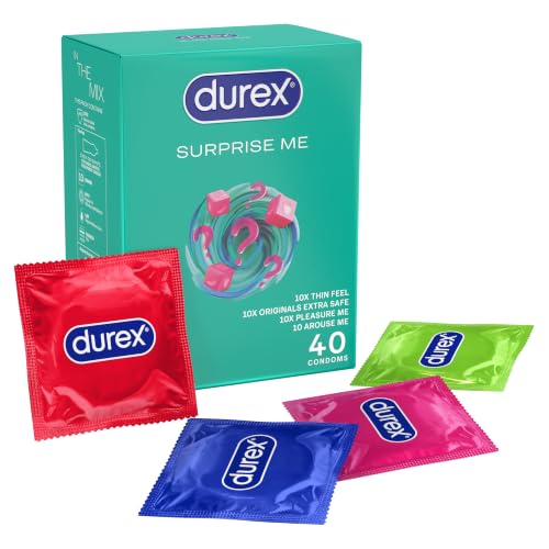 Durex Surprise Me Variety Pack Condoms - 40 Count - Thin Feel, Extra Safe, Pleasure Me, Tickle Me - Ribbed & Dotted Bulk Pack - Damaged Box