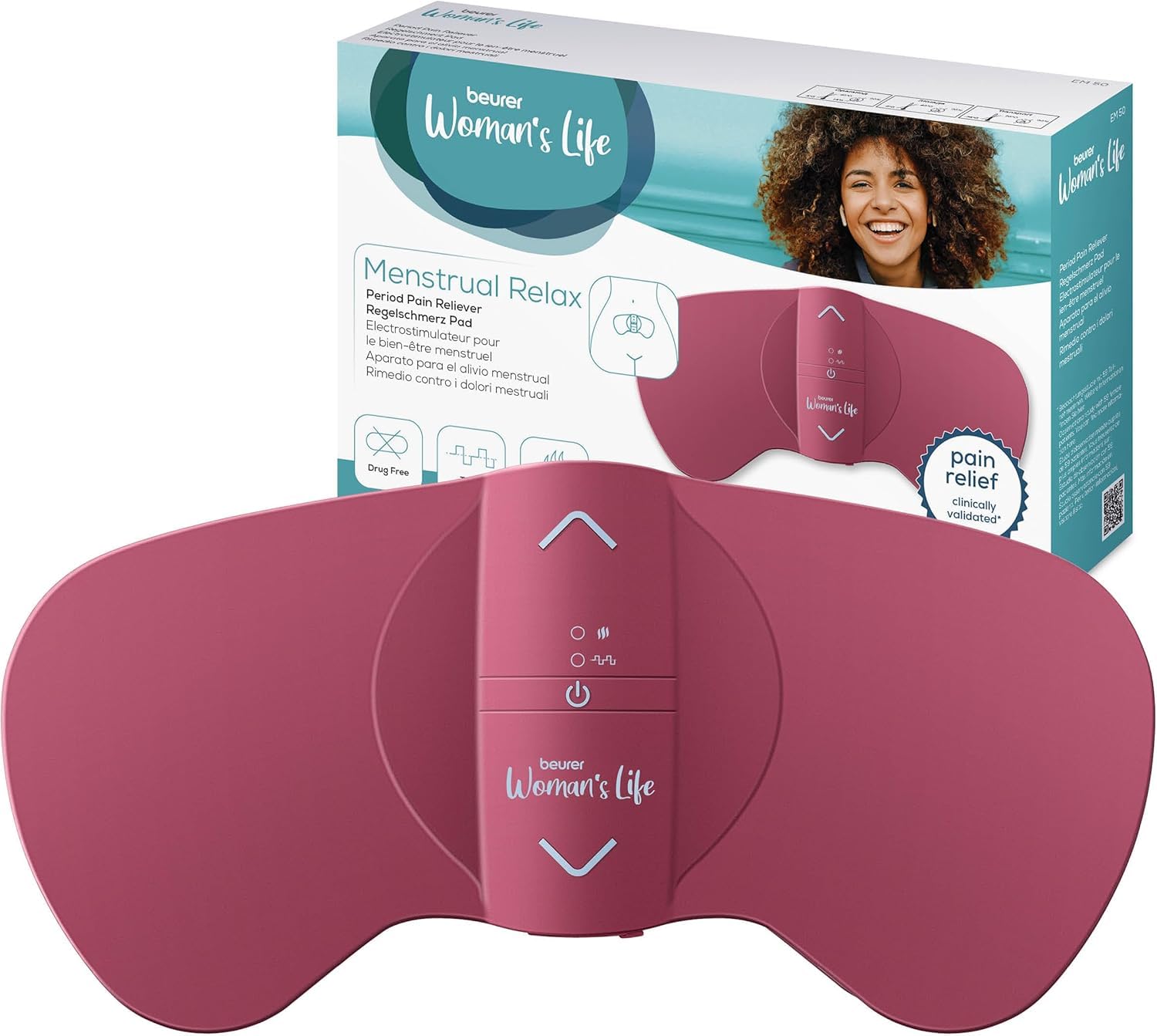 Beurer EM50 Menstrual Relax TENS & Heat Pad for Period Pain Relief - Rechargeable, 15 Intensity Levels - Damaged Box