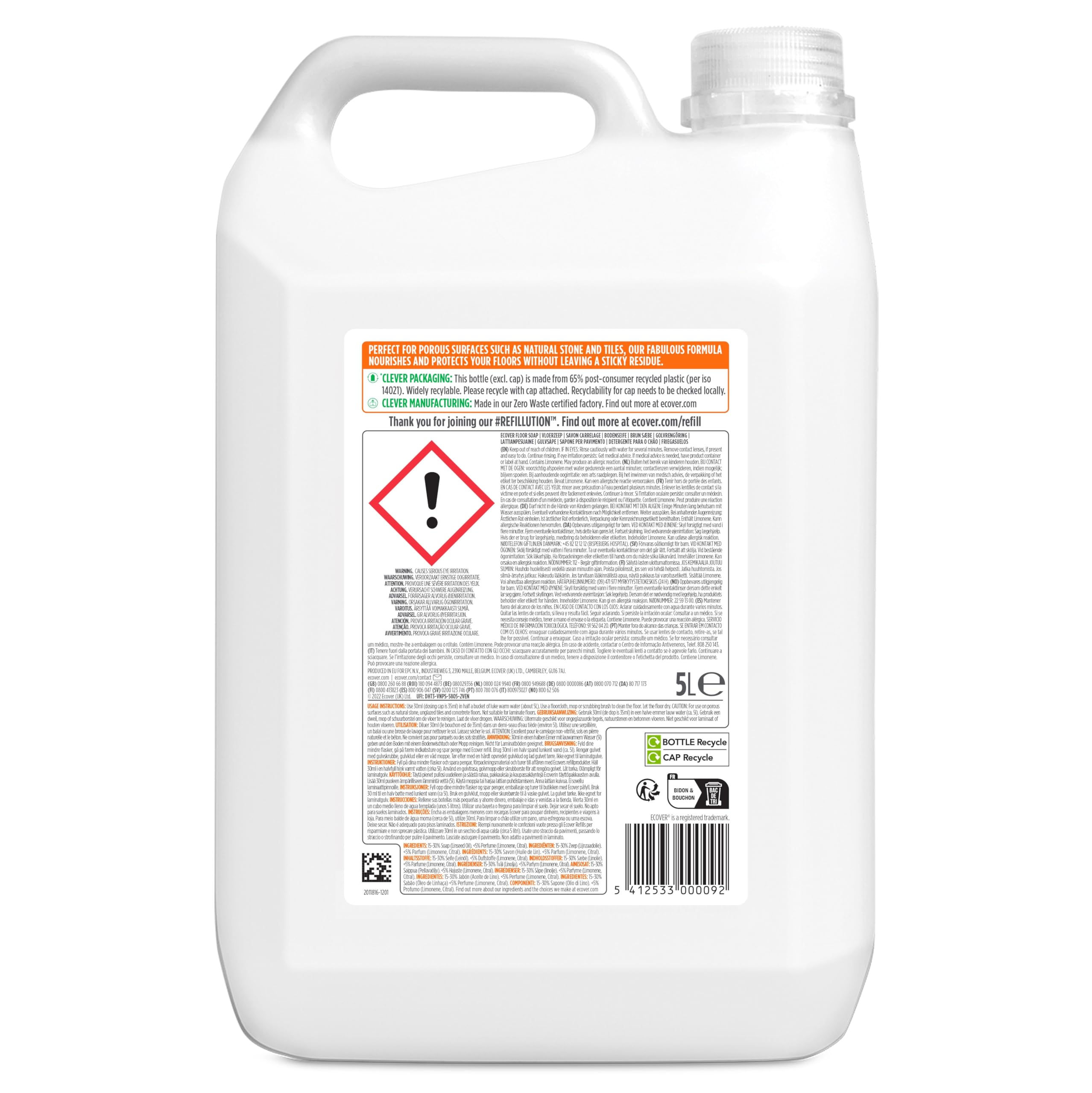 Ecover Floor Soap Refill - Orange & Lemon - 5L Hard Floor Cleaner - Eco-Friendly Liquid - Very Good