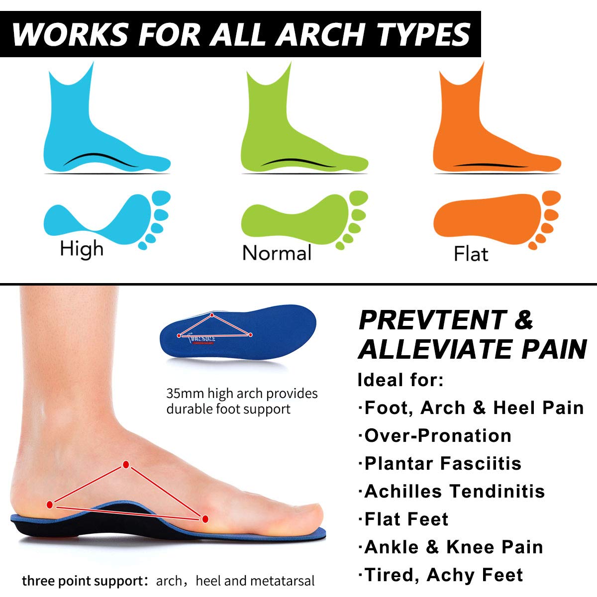 VALSOLE Orthotic Insoles High Arch Foot Support Soft Medical Inserts - Plantar Fasciitis, Flat Feet, Pain Relief - Blue 9.5-10 UK - Very Good