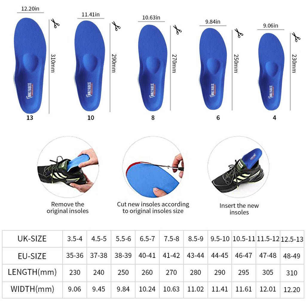 VALSOLE Orthotic Insoles High Arch Foot Support Soft Medical Inserts - Plantar Fasciitis, Flat Feet, Pain Relief - Blue 9.5-10 UK - Very Good
