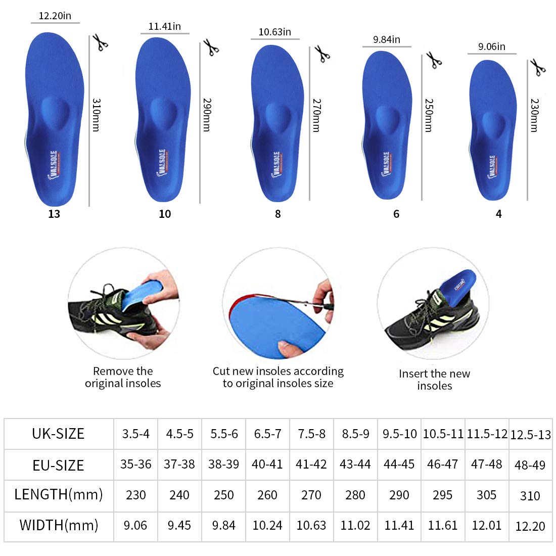 VALSOLE Orthotic Insoles High Arch Foot Support Soft Medical Inserts - Plantar Fasciitis, Flat Feet, Pain Relief - Blue 9.5-10 UK - Very Good