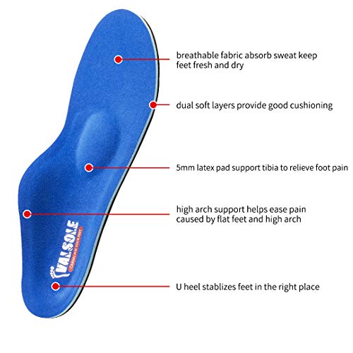 VALSOLE Orthotic Insoles High Arch Foot Support Soft Medical Inserts - Plantar Fasciitis, Flat Feet, Pain Relief - Blue 9.5-10 UK - Very Good