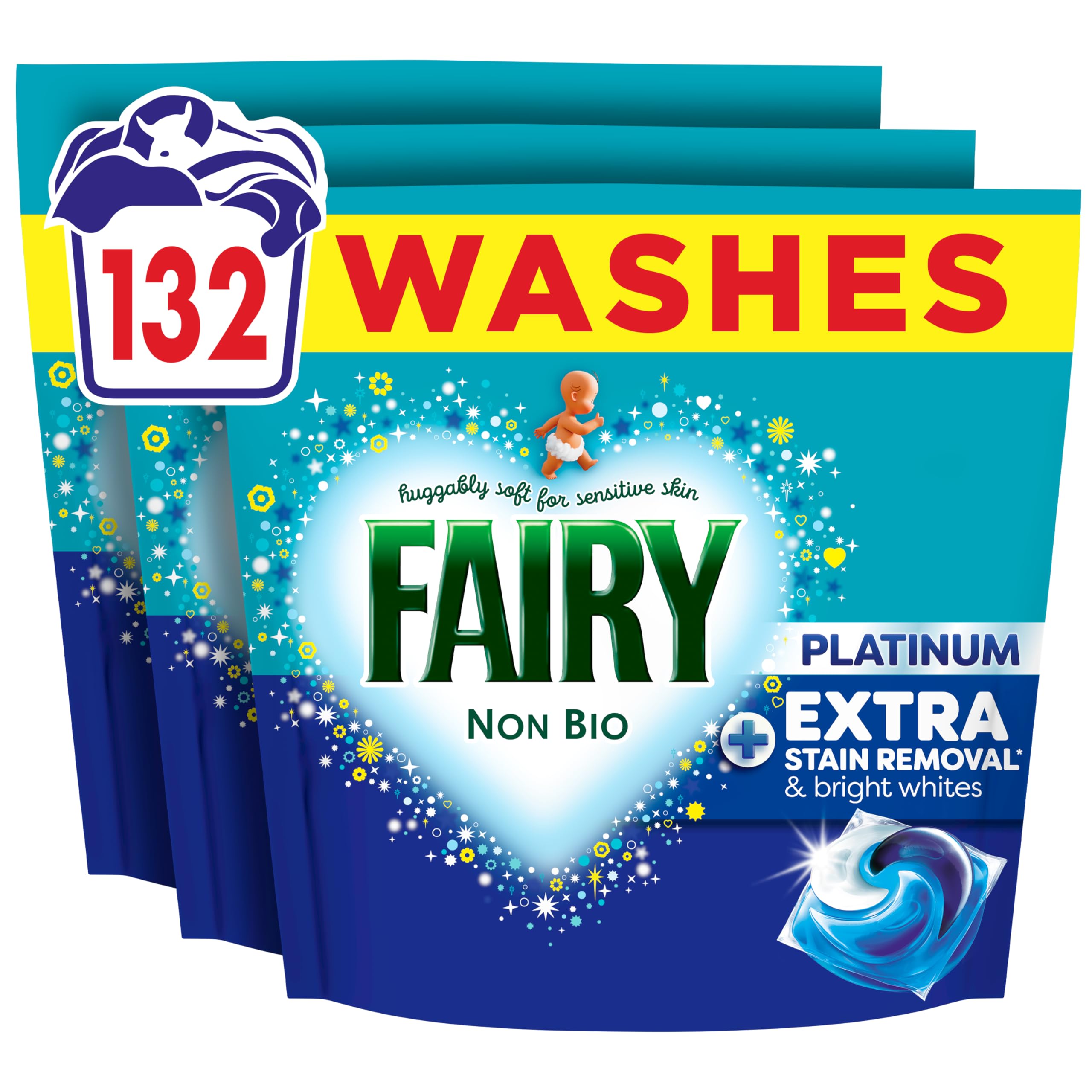 Fairy Non Bio Platinum Washing Pods - Extra Stain Removal Laundry Detergent - 132 Count (44 Pods x 3 Packs) - Damaged Box