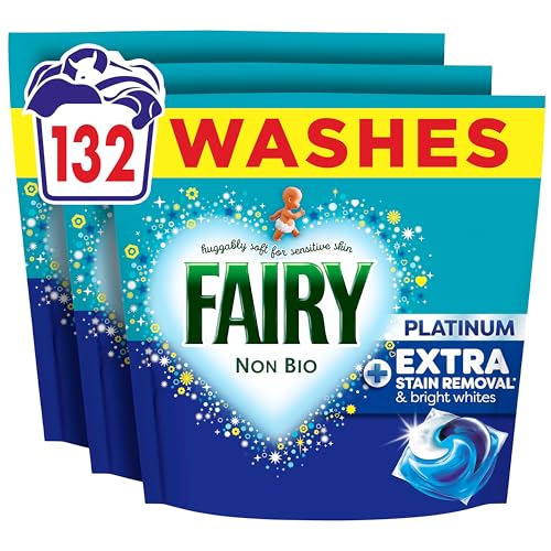 Fairy Non Bio Platinum Washing Pods - Extra Stain Removal Laundry Detergent - 132 Count (44 Pods x 3 Packs) - Damaged Box