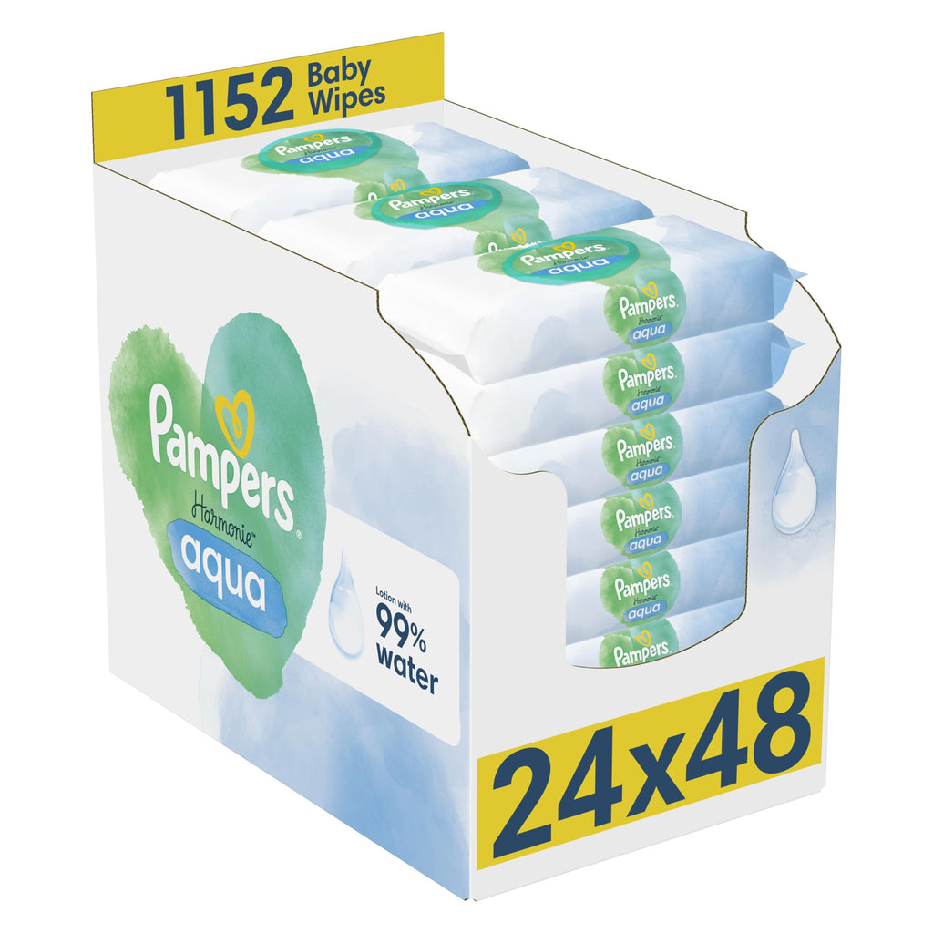 Pampers Harmonie Aqua Baby Wipes - Plastic Free, 99% Water - 24 Packs x 48 Wipes (1152 Total) - Pure Skin Protection - Damaged Box