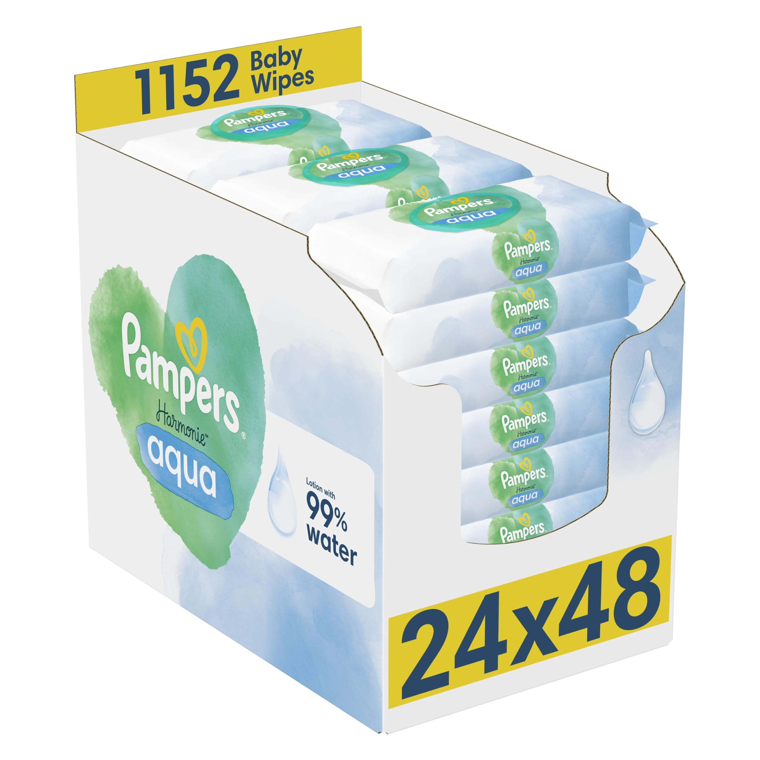 Pampers Harmonie Aqua Baby Wipes - Plastic Free, 99% Water - 24 Packs x 48 Wipes (1152 Total) - Pure Skin Protection - Damaged Box