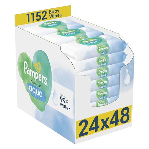 Pampers Harmonie Aqua Baby Wipes - Plastic Free, 99% Water - 24 Packs x 48 Wipes (1152 Total) - Pure Skin Protection - Damaged Box