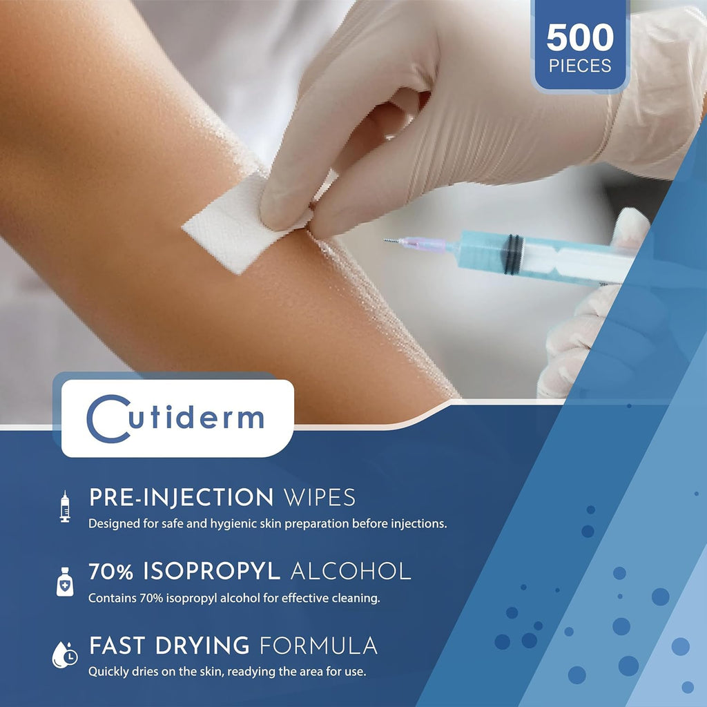 Cutiderm Pre-Injection Alcohol Wipes Swabs - Box of 500 Sachets - Medical Skin Prep Pads - Damaged Box