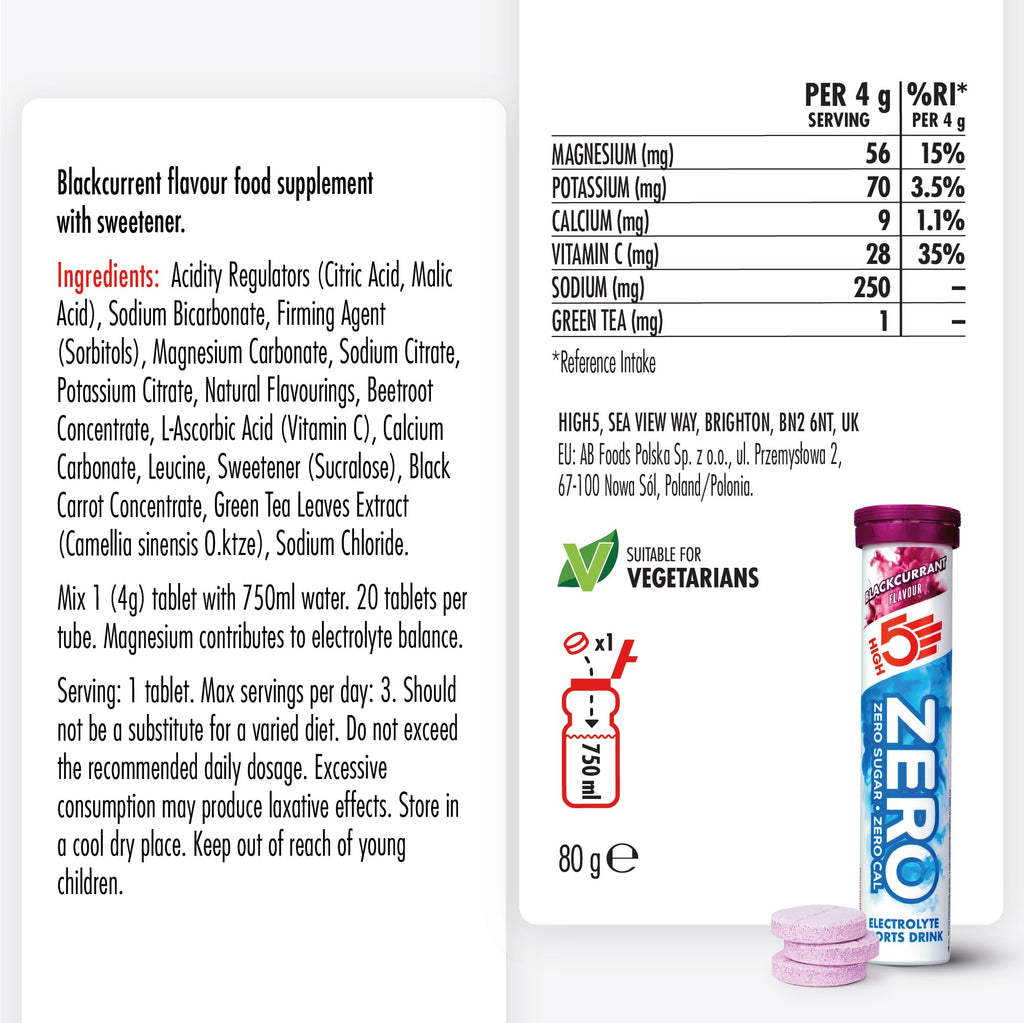 HIGH5 ZERO Electrolyte Tablet - Hydration Tablets Enhanced with Vitamin C - 0 Calories & Sugar Free - Boost Hydration, Performance & Wellness - Blackcurrant, 160 Tablets (20x, Pack of 8) - Damaged Box - BBE 02/2028