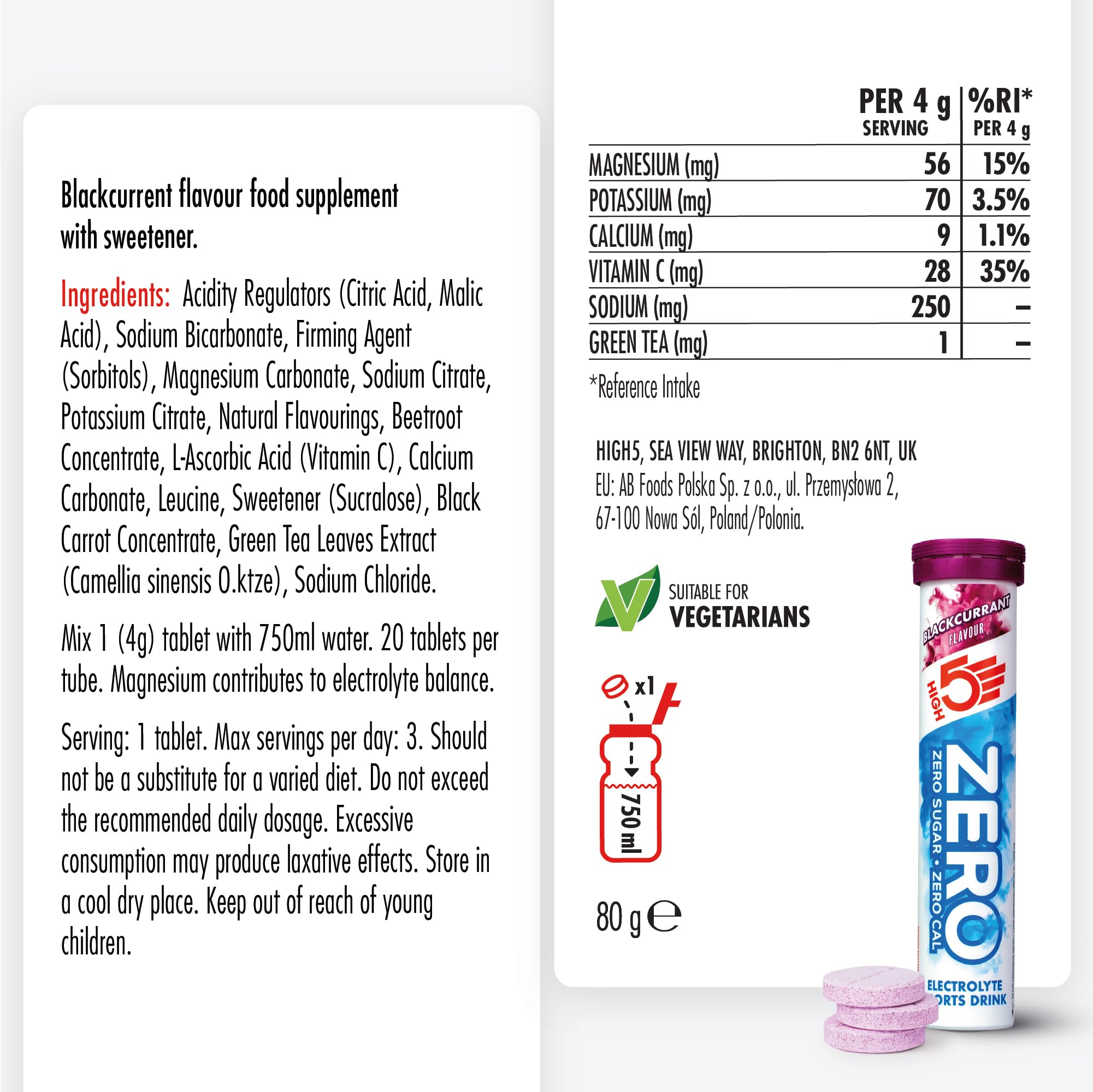 HIGH5 ZERO Electrolyte Tablet - Hydration Tablets Enhanced with Vitamin C - 0 Calories & Sugar Free - Boost Hydration, Performance & Wellness - Blackcurrant, 160 Tablets (20x, Pack of 8) - Damaged Box - BBE 02/2028