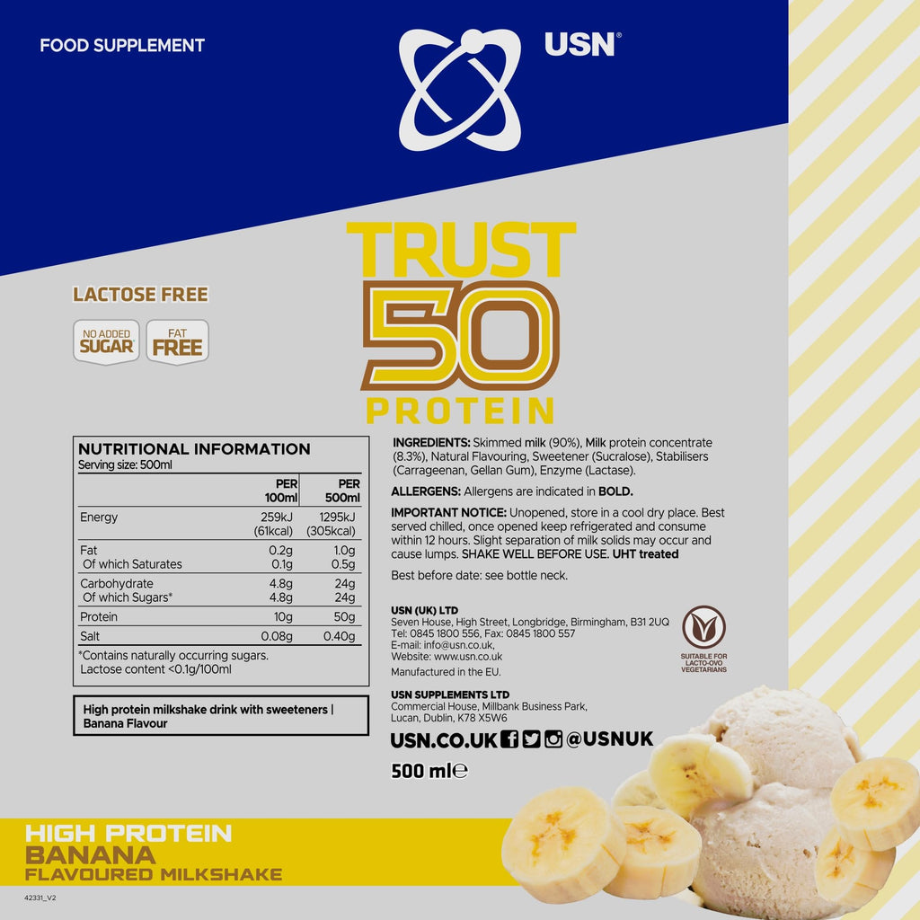 USN Protein 50 Ready-to-Drink High Protein Shake I Banana I 6 x 500ml - New - BBE 08/2026