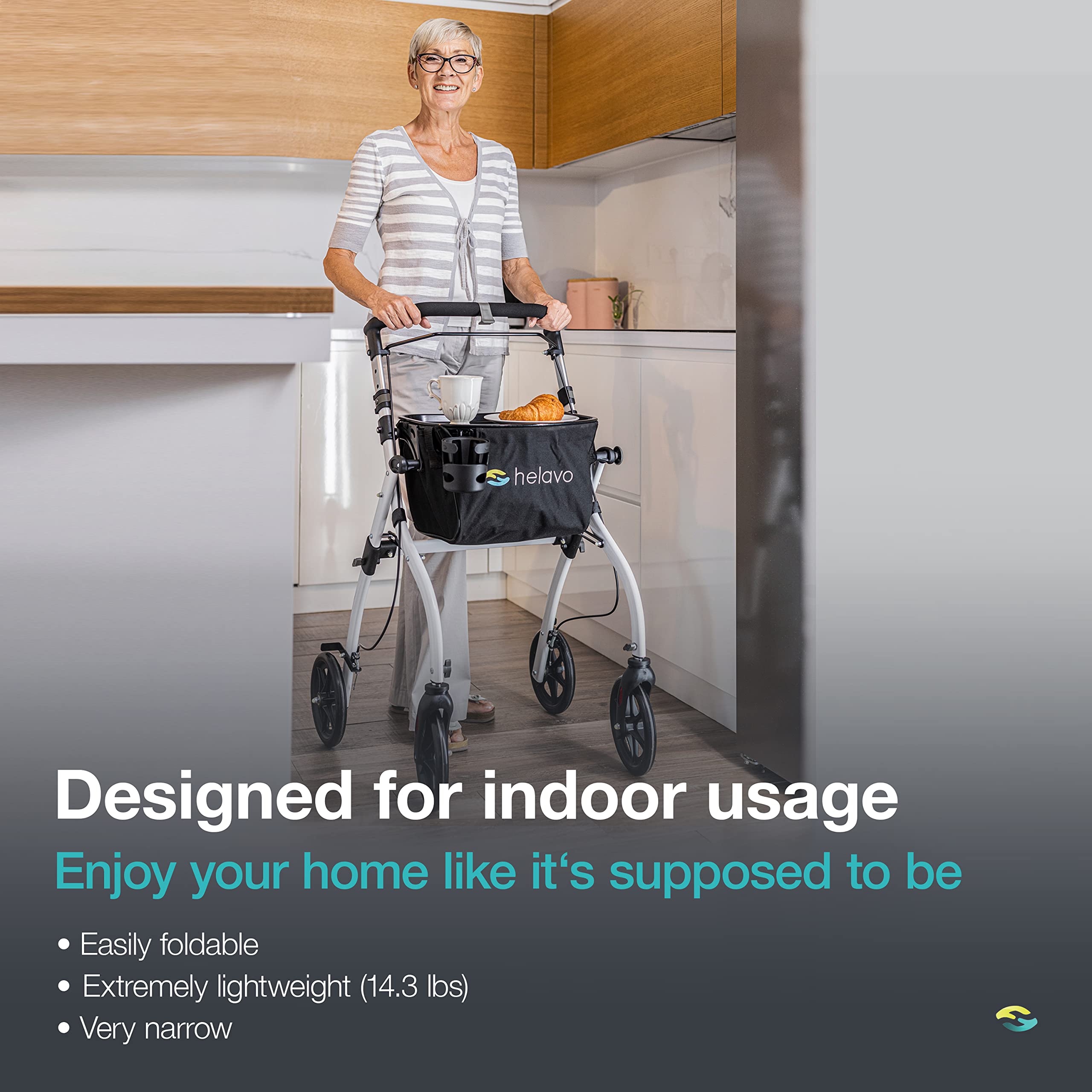 Helavo Narrow Walker - 23.6" Wide Indoor Mobility Aid with Tray - Compact Walking Frame - Damaged Box