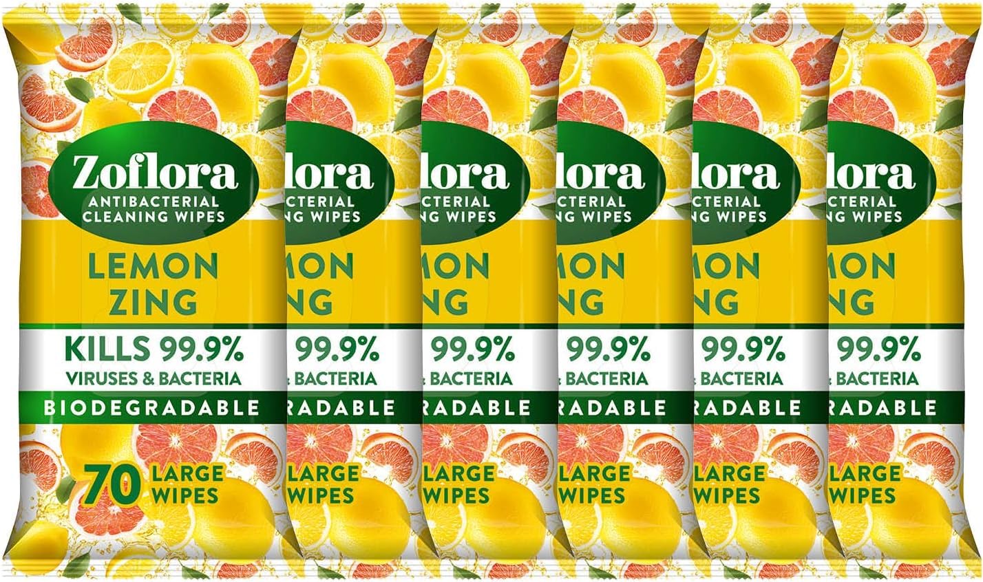 Zoflora Lemon Zing Wipes - Large Biodegradable Antibacterial Multi-Surface Disinfectant - 6 x 70 Pack - Kills 99.9% Bacteria & Viruses - Damaged Box - BBE 09/2027