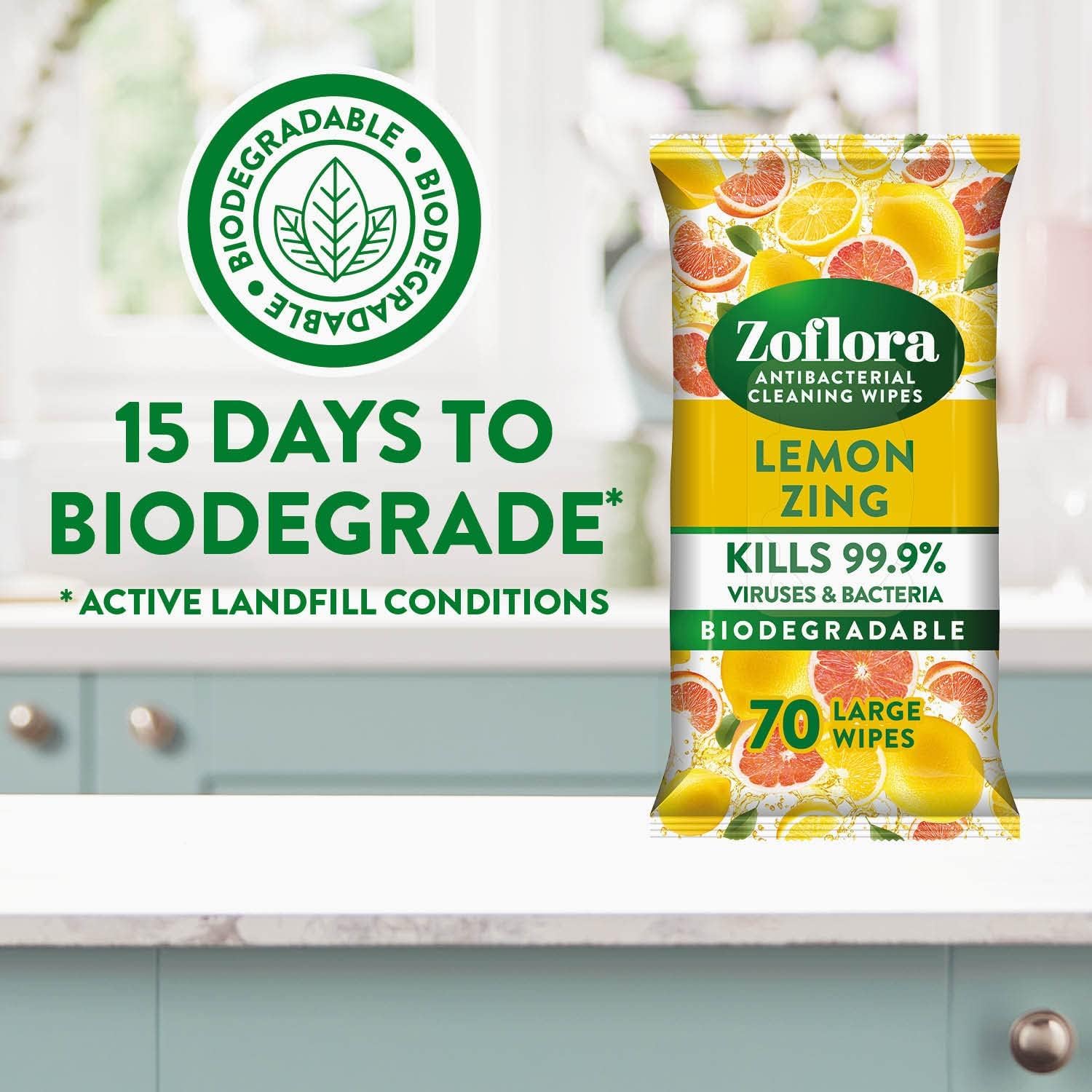Zoflora Lemon Zing Wipes - Large Biodegradable Antibacterial Multi-Surface Disinfectant - 6 x 70 Pack - Kills 99.9% Bacteria & Viruses - Damaged Box - BBE 09/2027