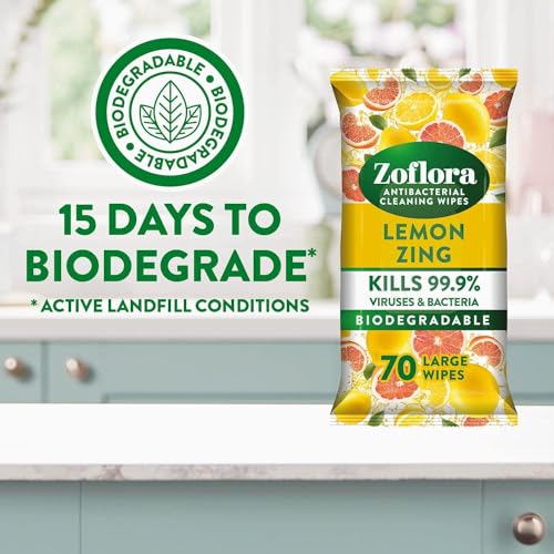 Zoflora Lemon Zing Wipes - Large Biodegradable Antibacterial Multi-Surface Disinfectant - 6 x 70 Pack - Kills 99.9% Bacteria & Viruses - Damaged Box - BBE 09/2027
