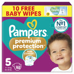 Pampers Premium Protection Nappies Size 5 - 152 Nappies - 11-16kg Monthly Pack with Harmonie Aqua Wipes 10 Count - Damaged Box