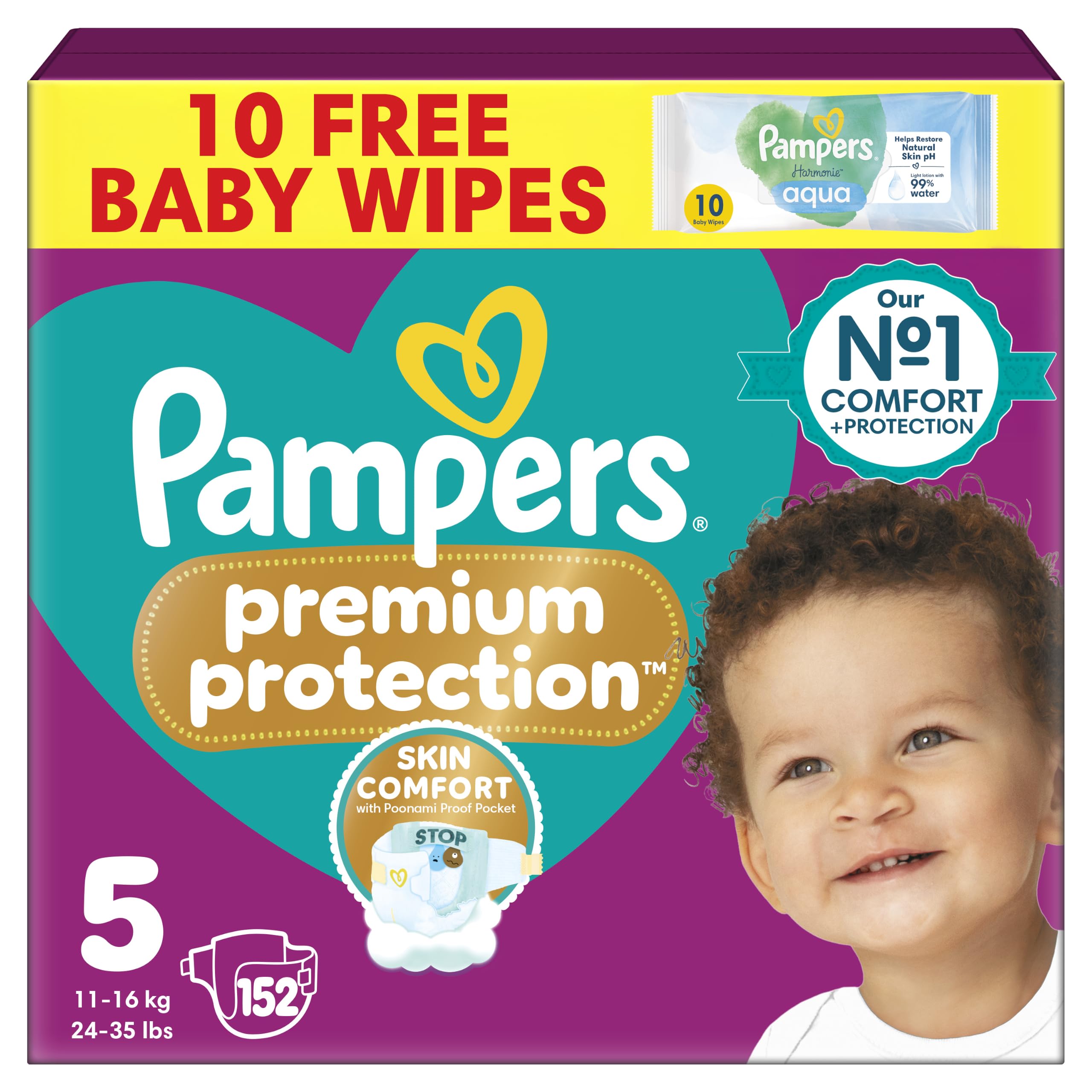 Pampers Premium Protection Nappies Size 5 - 152 Nappies - 11-16kg Monthly Pack with Harmonie Aqua Wipes 10 Count - Damaged Box