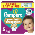 Pampers Premium Protection Nappies Size 5 - 152 Nappies - 11-16kg Monthly Pack with Harmonie Aqua Wipes 10 Count - Damaged Box
