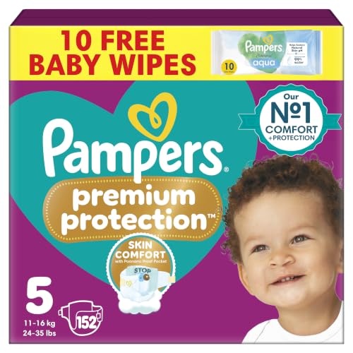 Pampers Premium Protection Nappies Size 5 - 152 Nappies - 11-16kg Monthly Pack with Harmonie Aqua Wipes 10 Count - Damaged Box
