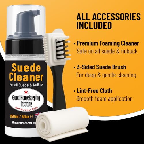 The Leather Clinic Suede & Nubuck Cleaner Foam 150ml - Shoes Boots Trainers - Brush & Cloth Kit - Dirt Stain Protector - Very Good