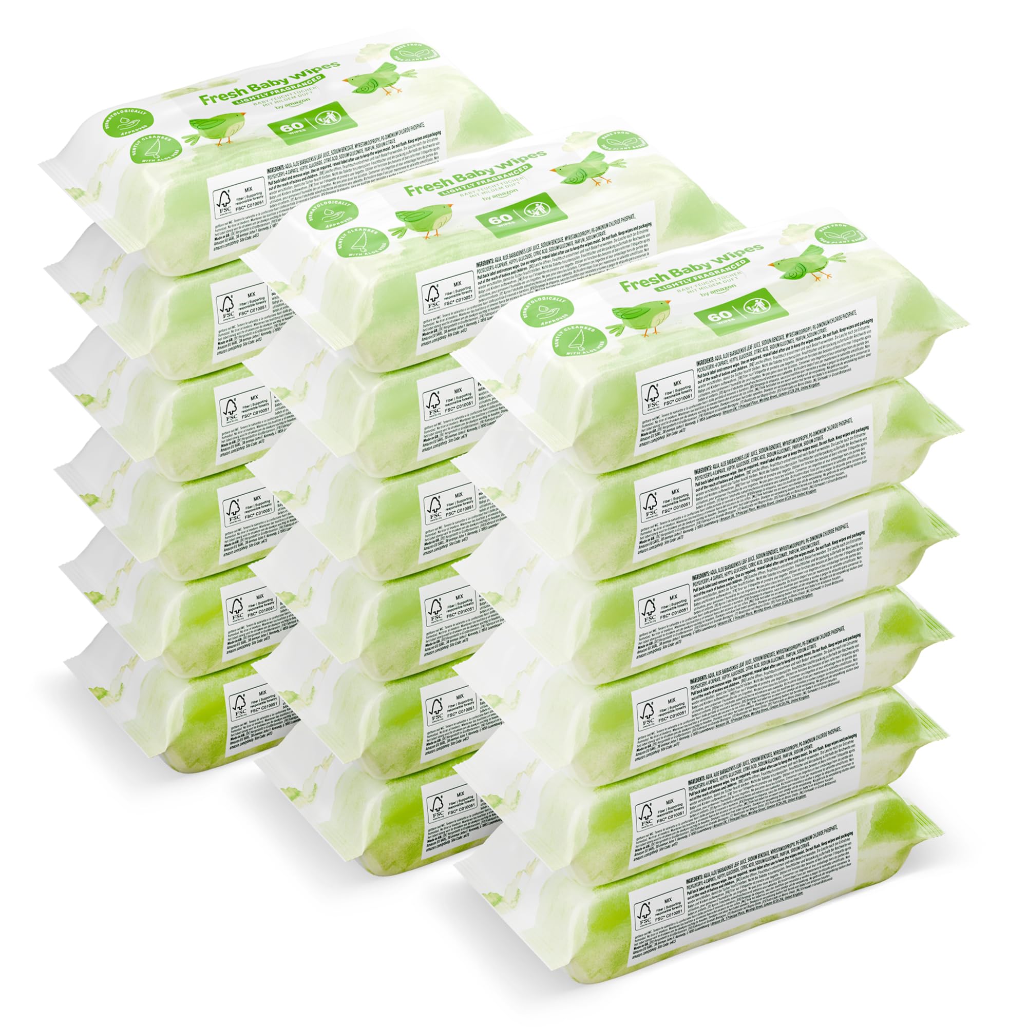 Amazon Fresh Baby Wipes - 1080 Wipes - 18 Pack of 60 - Plant-Based Plastic-Free Gentle Baby Wipes - Damaged Box