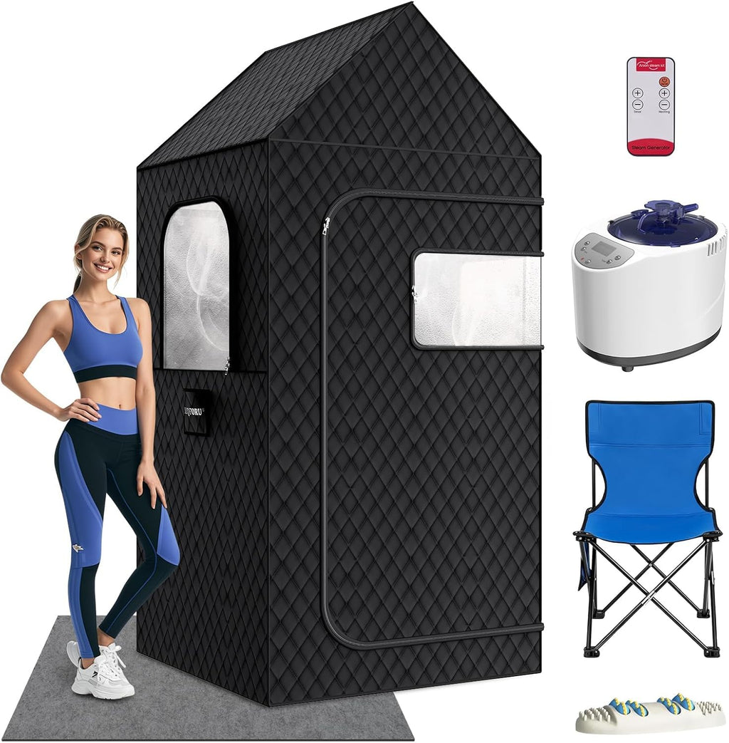 MQFORU Portable Steam Sauna XL - 195x90x90cm Indoor Home Spa Tent - 3L 1200W Steamer, Remote, Folding Chair, Black - Very Good