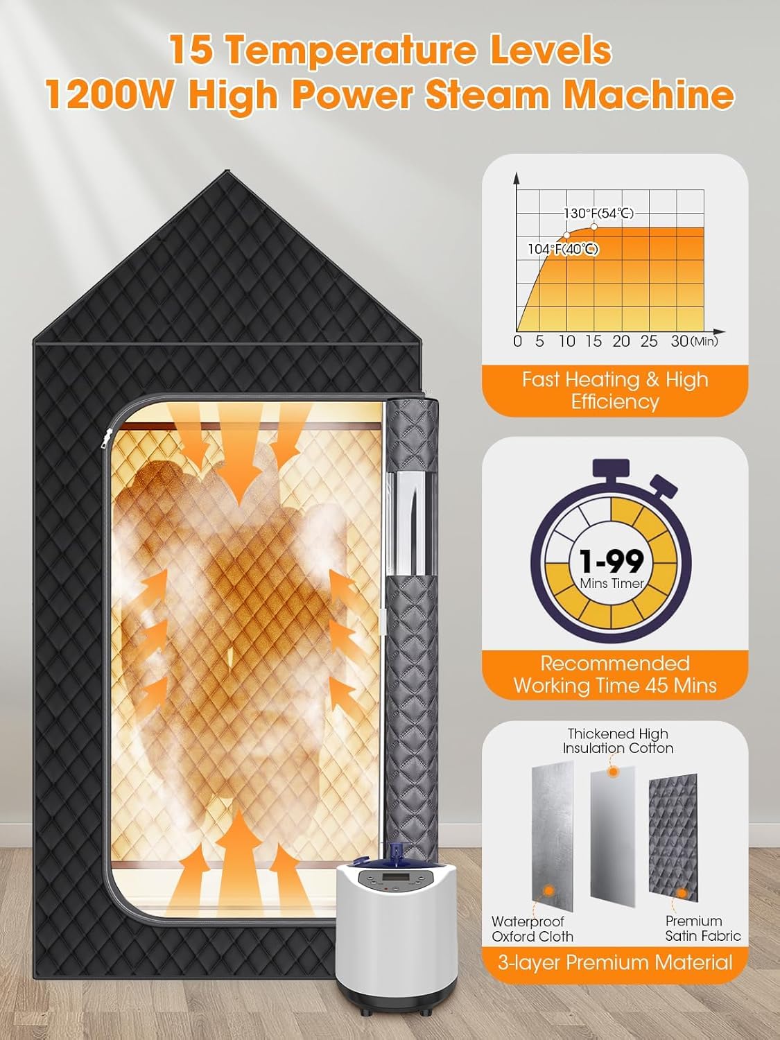 MQFORU Portable Steam Sauna XL - 195x90x90cm Indoor Home Spa Tent - 3L 1200W Steamer, Remote, Folding Chair, Black - Very Good