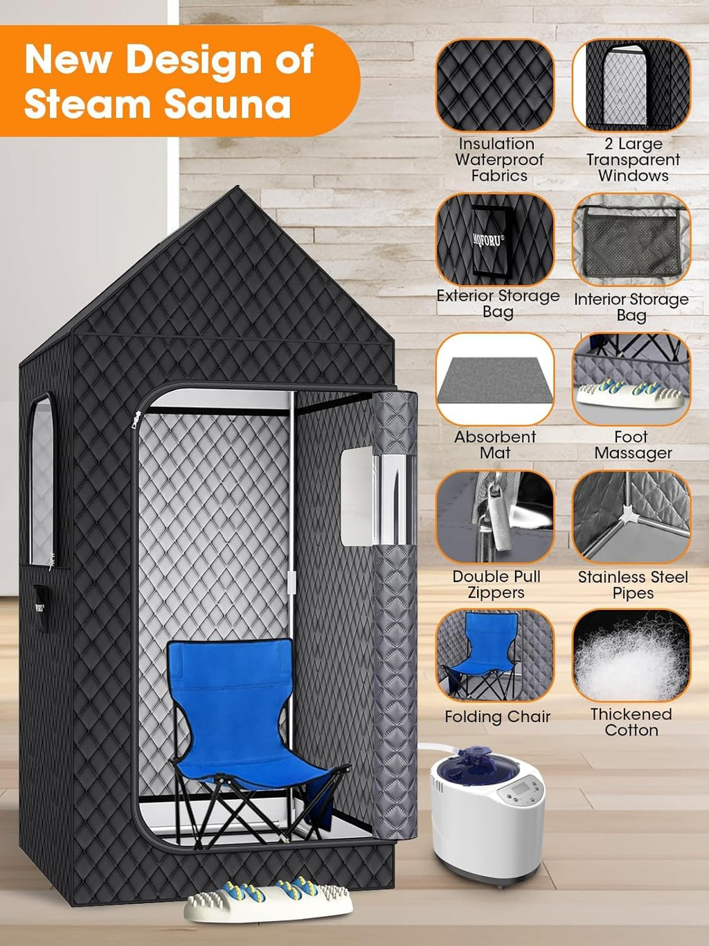 MQFORU Portable Steam Sauna XL - 195x90x90cm Indoor Home Spa Tent - 3L 1200W Steamer, Remote, Folding Chair, Black - Very Good