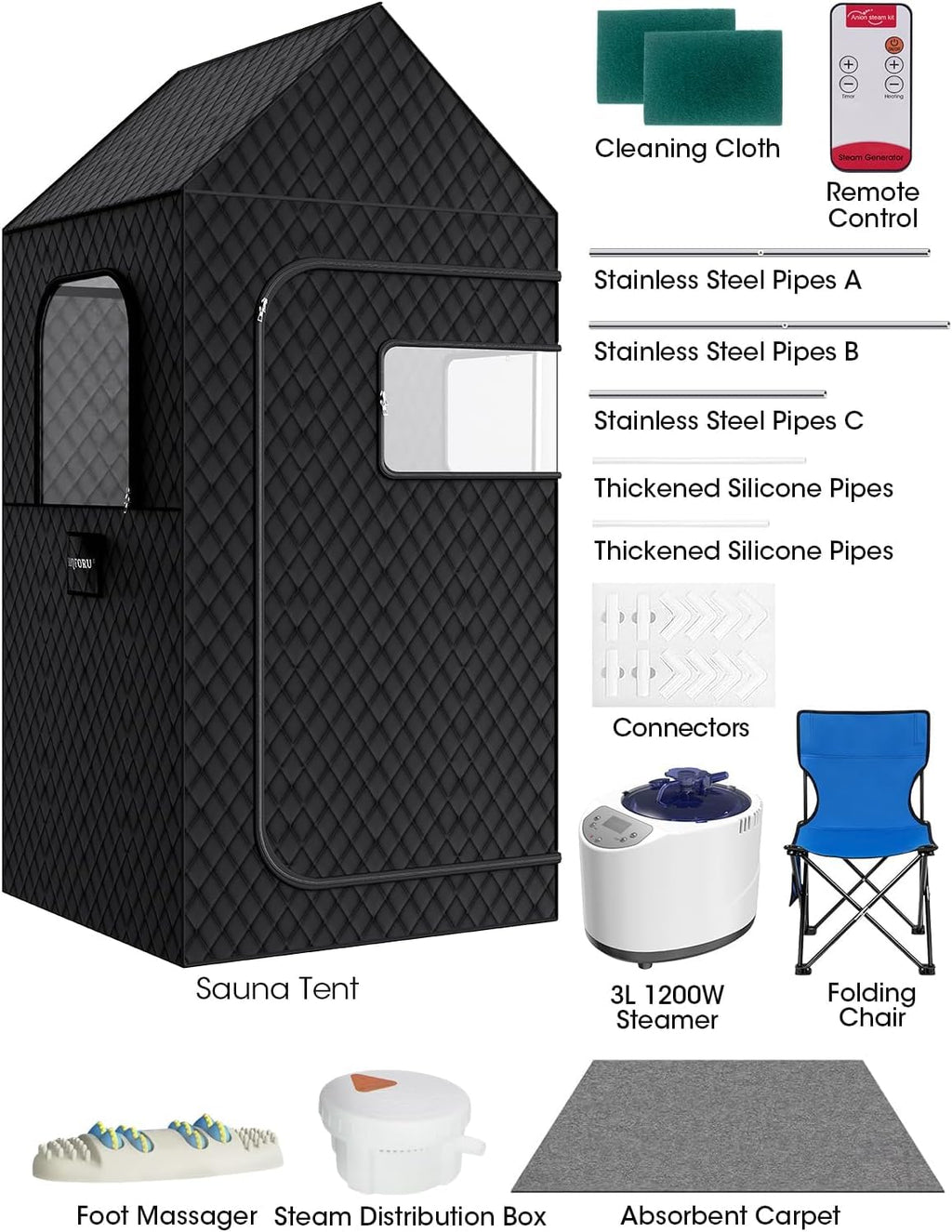 MQFORU Portable Steam Sauna XL - 195x90x90cm Indoor Home Spa Tent - 3L 1200W Steamer, Remote, Folding Chair, Black - Very Good