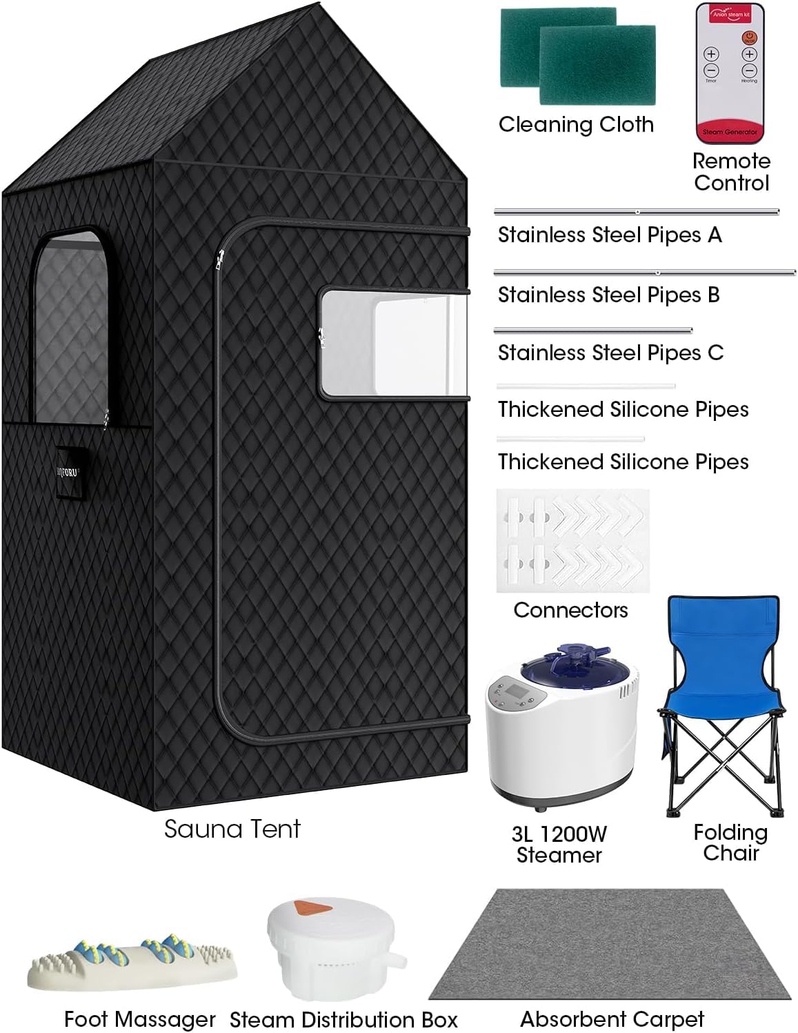 MQFORU Portable Steam Sauna XL - 195x90x90cm Indoor Home Spa Tent - 3L 1200W Steamer, Remote, Folding Chair, Black - Very Good