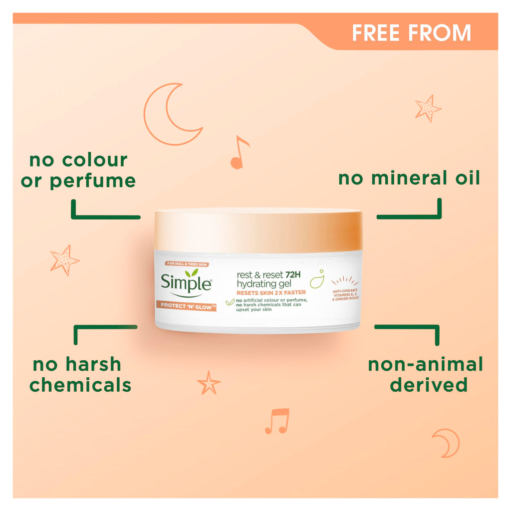 Simple Protect 'N' Glow Rest and Reset 72h Hydrating Gel cruelty-free, vegan moisturiser to enhance glowing skin 50 ml - New