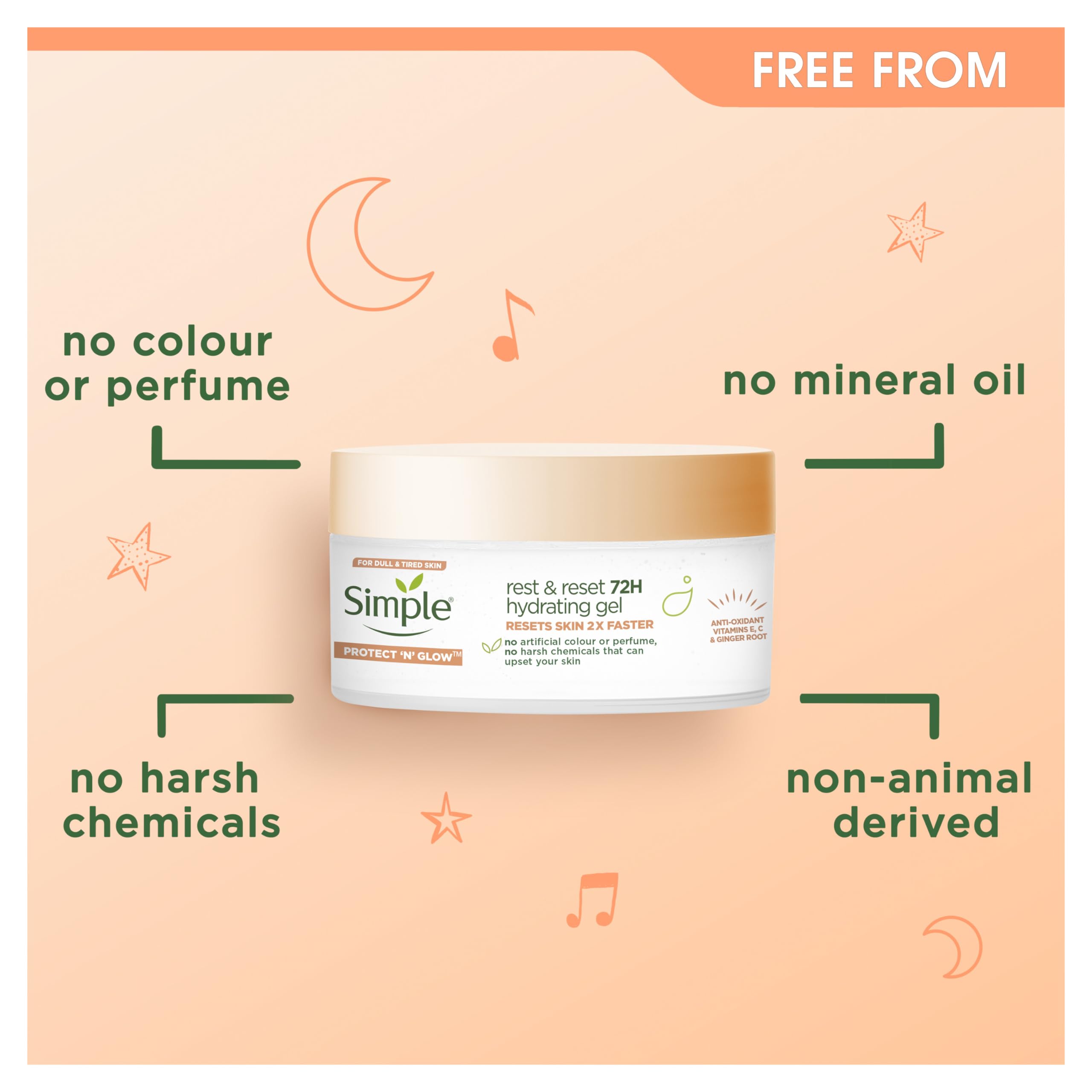 Simple Protect 'N' Glow Rest and Reset 72h Hydrating Gel cruelty-free, vegan moisturiser to enhance glowing skin 50 ml - New