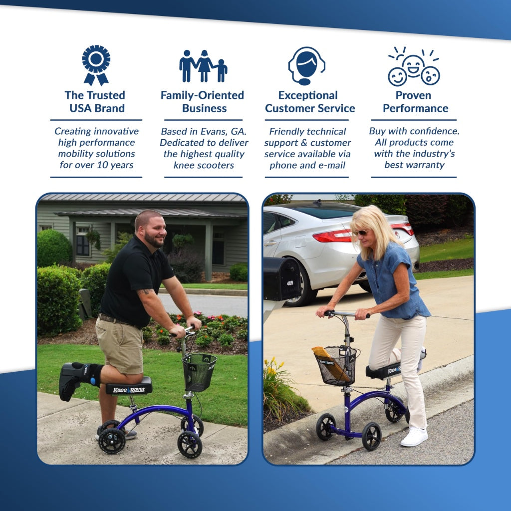 KneeRover Deluxe Steerable Knee Walker Scooter - Blue Heavy Duty Knee Cycle for Adults, Foot Surgery, Broken Ankle, Leg Injuries - Damaged Box