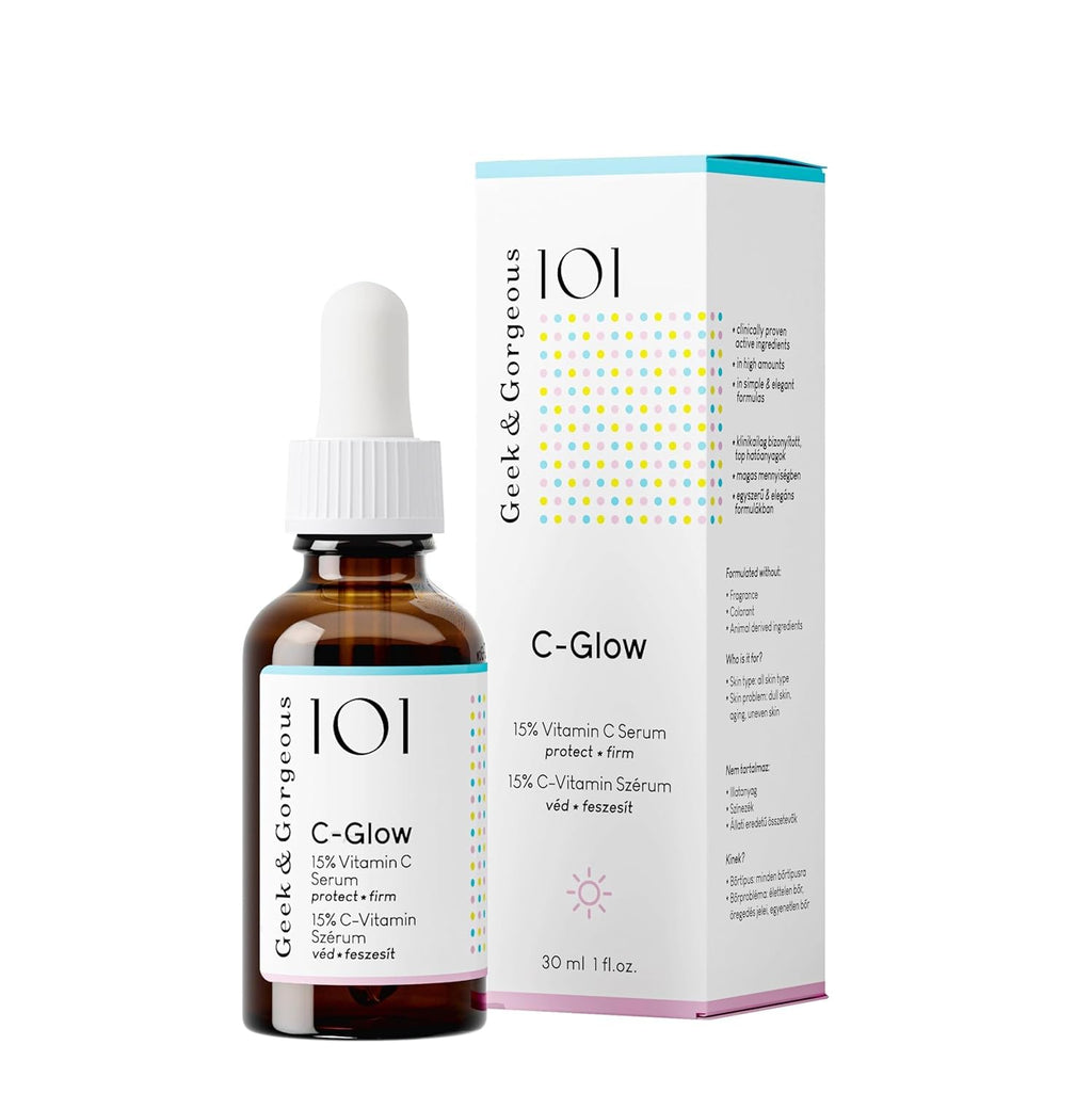 Geek & Gorgeous 101 C-Glow - 15% Vitamin C Serum, super-light + Ferulic acid & vitamin E, gives environmental protection, boost collagen & evens skin tone - all skin types, 30ml - New