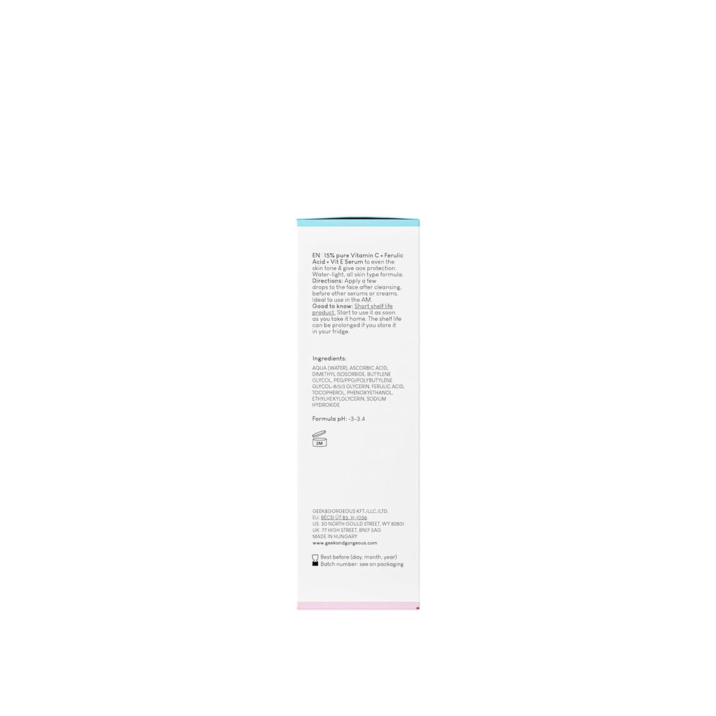 Geek & Gorgeous 101 C-Glow - 15% Vitamin C Serum, super-light + Ferulic acid & vitamin E, gives environmental protection, boost collagen & evens skin tone - all skin types, 30ml - New