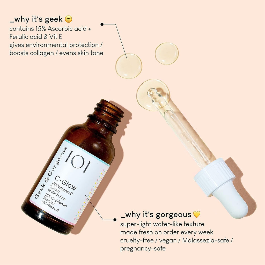 Geek & Gorgeous 101 C-Glow - 15% Vitamin C Serum, super-light + Ferulic acid & vitamin E, gives environmental protection, boost collagen & evens skin tone - all skin types, 30ml - New