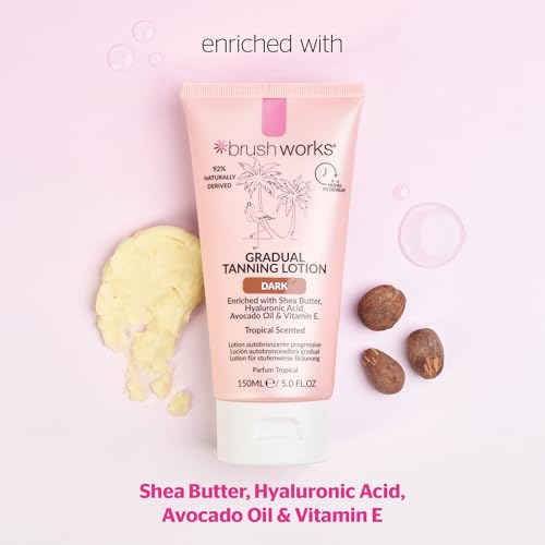 Brushworks Gradual Tanning Lotion Dark 150ml - Gradual Tan for a Radiant Sun Kissed Glow, Lightweight, Fast-Absorbing Self Tan with Skincare Ingredients, Tropical Scented, Vegan & Cruelty Free - New