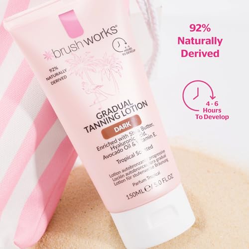 Brushworks Gradual Tanning Lotion Dark 150ml - Gradual Tan for a Radiant Sun Kissed Glow, Lightweight, Fast-Absorbing Self Tan with Skincare Ingredients, Tropical Scented, Vegan & Cruelty Free - New