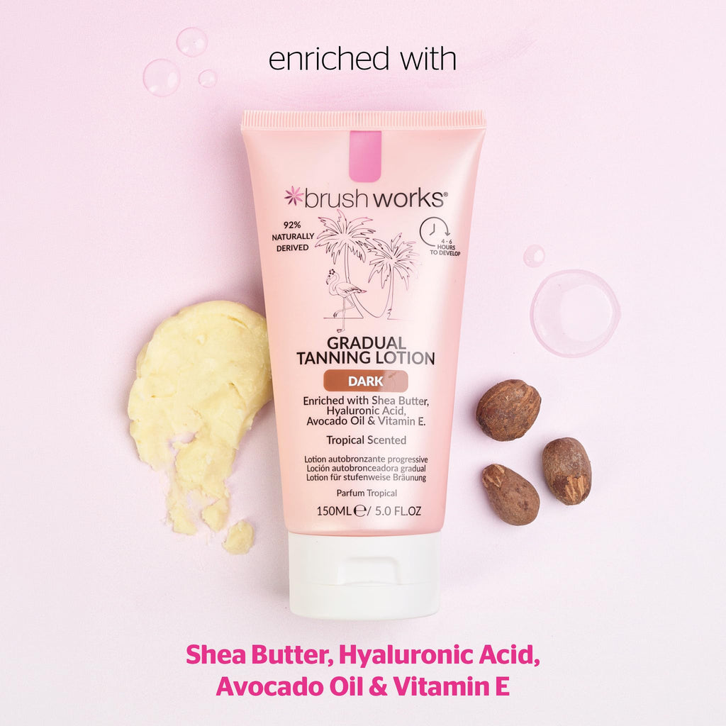 Brushworks Gradual Tanning Lotion Dark 150ml - Gradual Tan for a Radiant Sun Kissed Glow, Lightweight, Fast-Absorbing Self Tan with Skincare Ingredients, Tropical Scented, Vegan & Cruelty Free - New